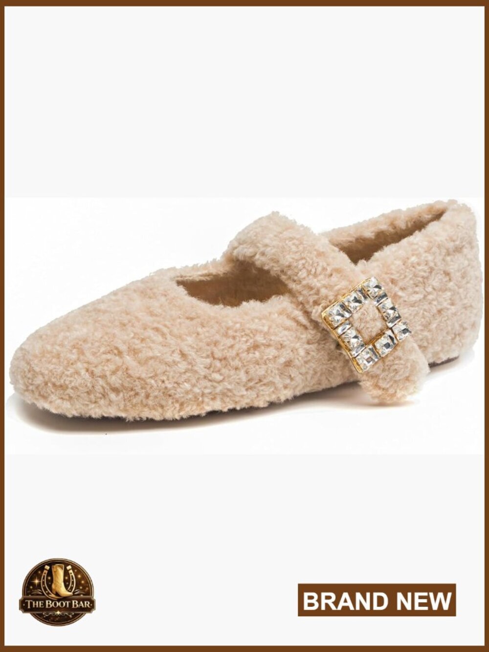 Shearling Ballet Flats Rabbit Fur Lined Crystal Buckle Mary Jane Shoes